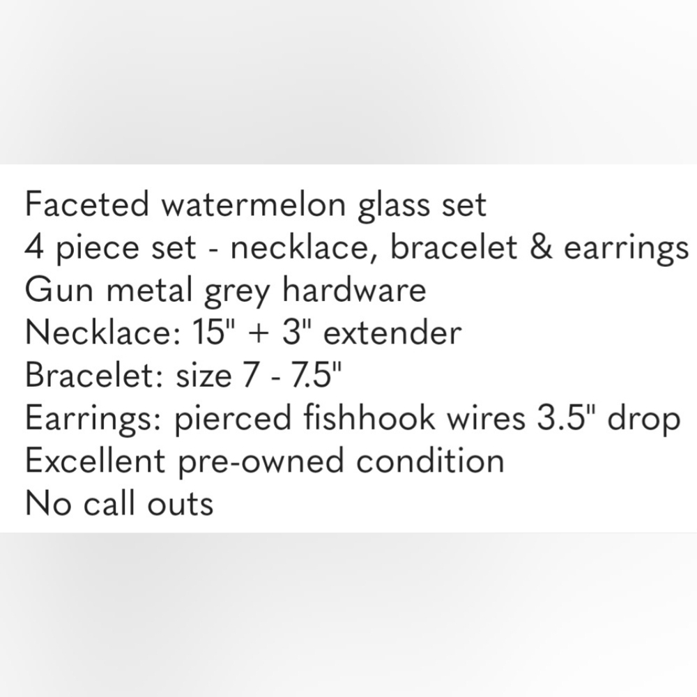 Watermelon Faceted Glass 4 Pc Set Gun Metal Grey Metal Necklace Bracelet Earring - Picture 4 of 4